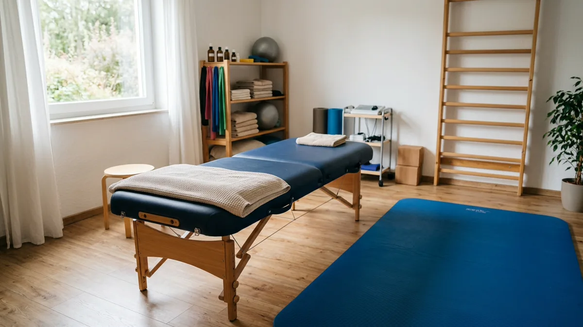 Behandlungsraum einer Physiotherapiepraxis mit Liege und Gymnastikmatte