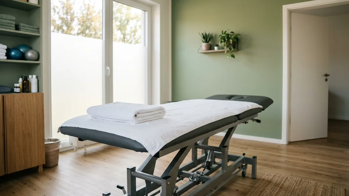 Ruhiger Behandlungsraum einer Physiotherapiepraxis mit Liege und Handtuch