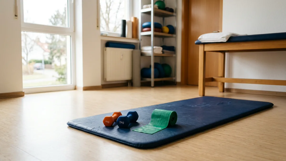 Übungsmatte mit Gymnastikband und Hanteln in einer Physiotherapiepraxis