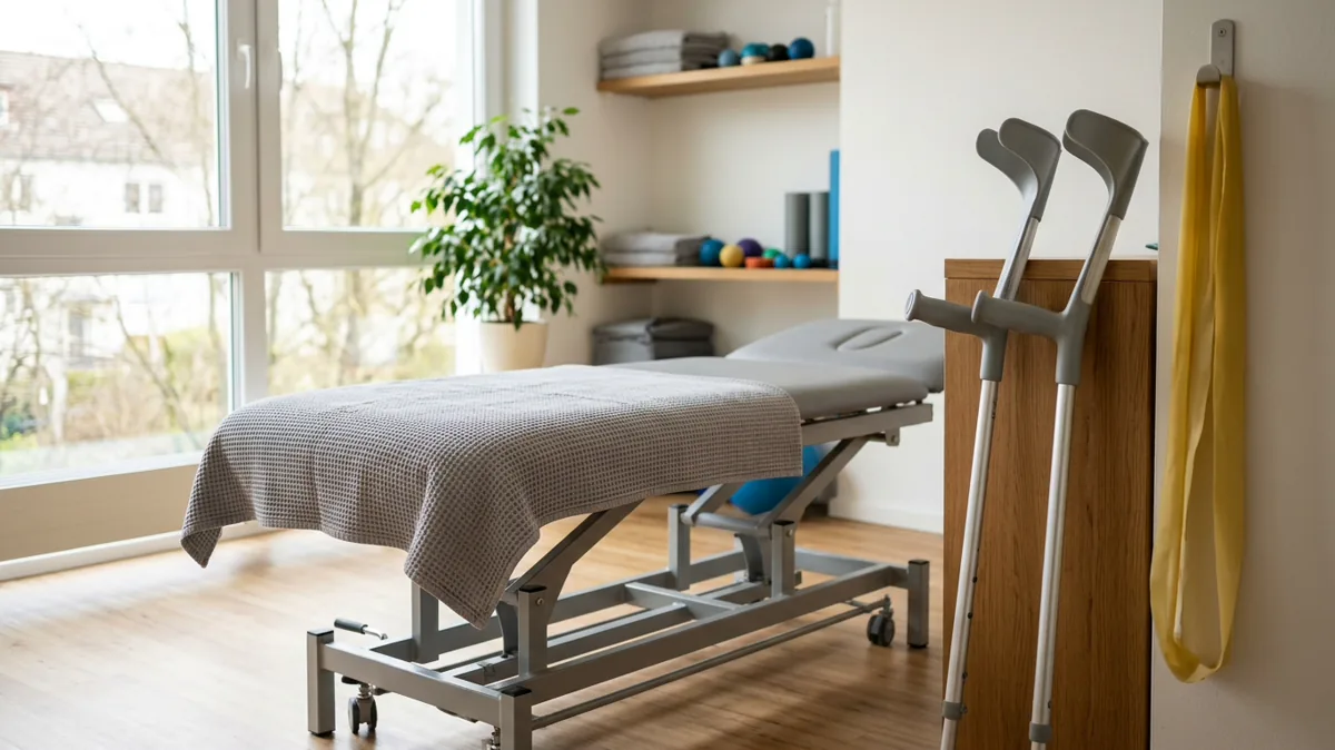 Behandlungsliege mit Gehstützen und Gymnastikband in einer Physiotherapiepraxis